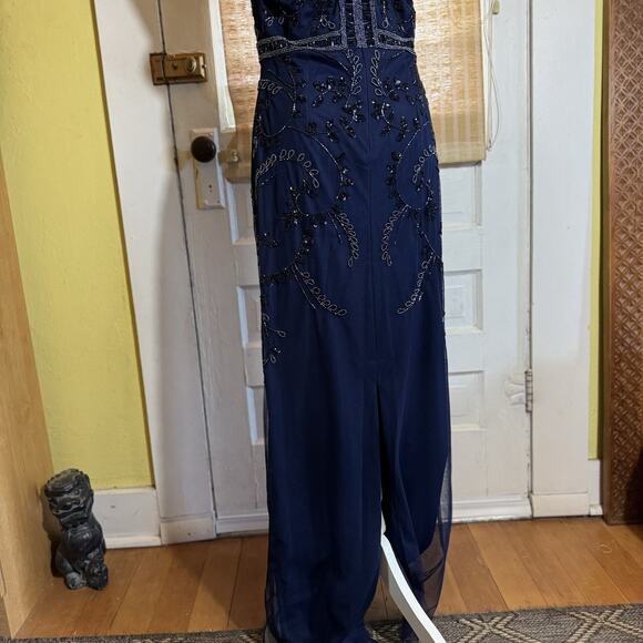 Adrianna Papell Women’s 10 Navy Beaded Sequin Mesh Formal Maxi Evening Gown - Picture 3 of 16